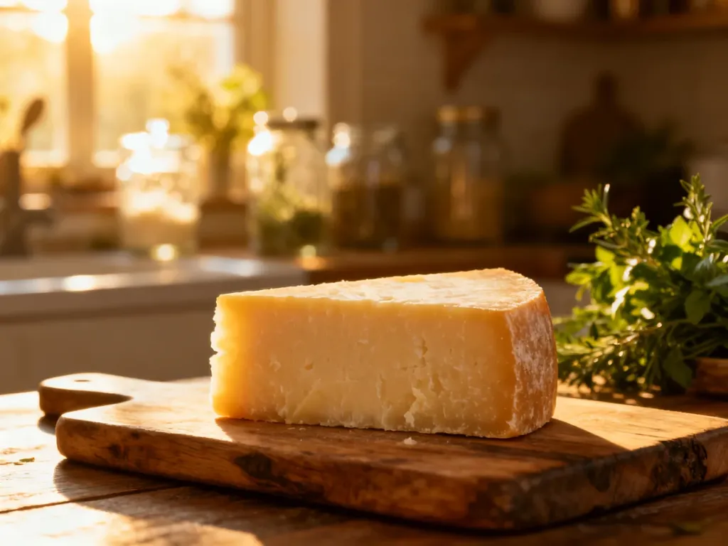 Kawałek parmezanu na drewnianej desce w słonecznej kuchni, podkreślający świeżość i jakość produktu.