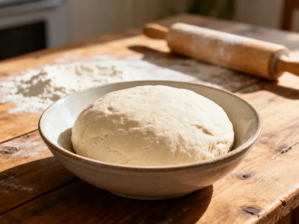 Gładka kula surowego ciasta na pizzę w ceramicznej misce na drewnianym stole, gotowa do wyrastania.